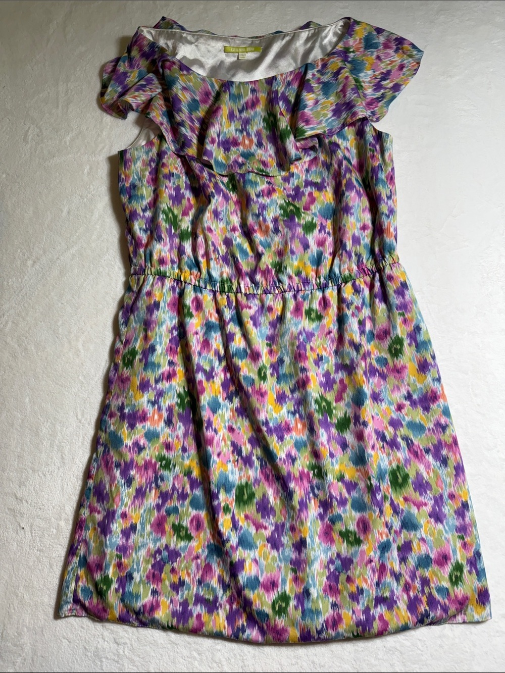 Gianni Bini Floral Ruffle Mini Dress in Purple, Green, Yellow and Blue